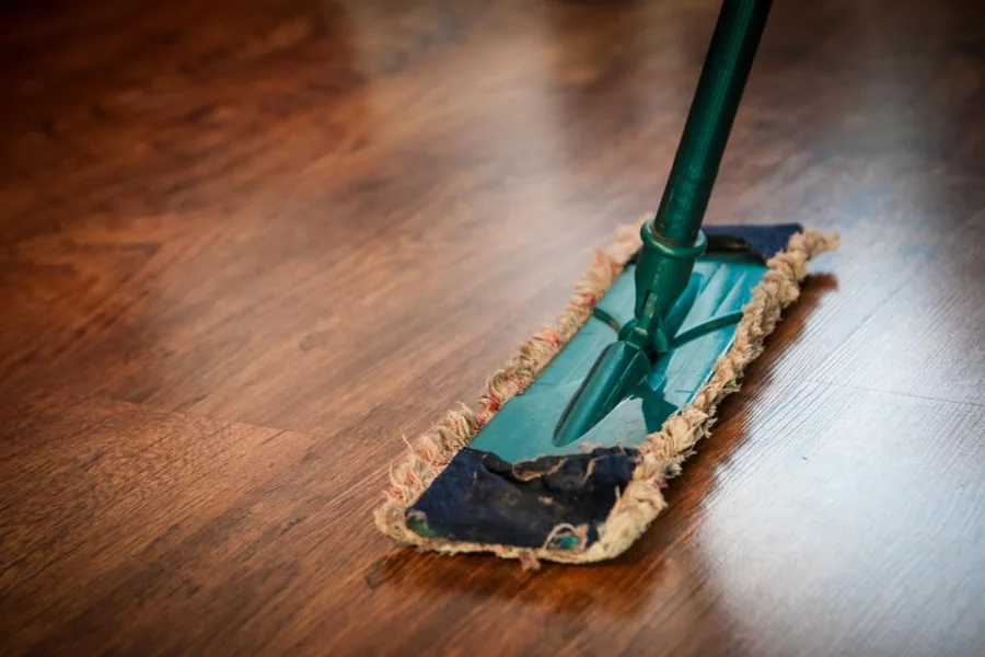 A mop cleaning a wooden floor